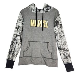 Universal Studios Marvel Comics Gray Hoodie Sweatshirt | Gold Logo Comic Sleeves
